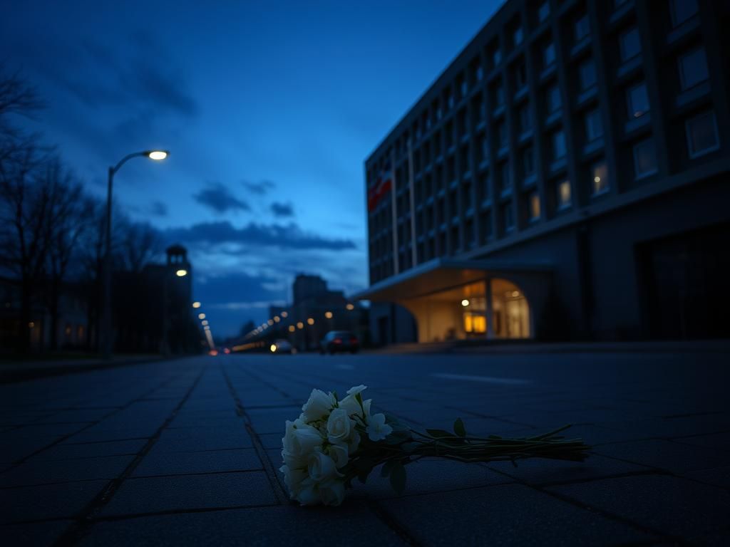 Flick International Exterior view of a modern building resembling an embassy with an abandoned bouquet of white flowers on the pavement