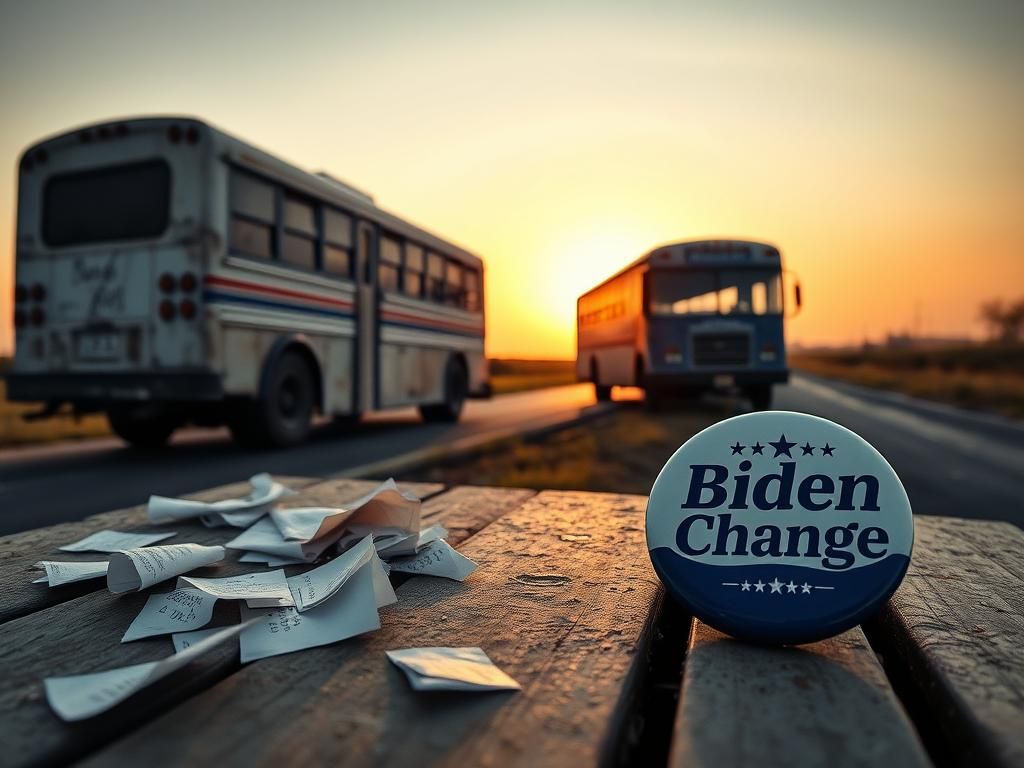 Flick International A weathered bus on a lonely road symbolizing a grueling campaign trail
