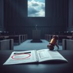 Flick International A stark, desolate courtroom setting symbolizing immigration hearings