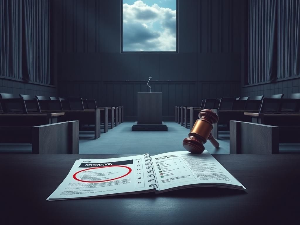 Flick International A stark, desolate courtroom setting symbolizing immigration hearings