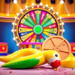 Flick International Colorful game show stage with a spinning wheel and inflatable parrot float, depicting comedic moment from 'Wheel of Fortune'.