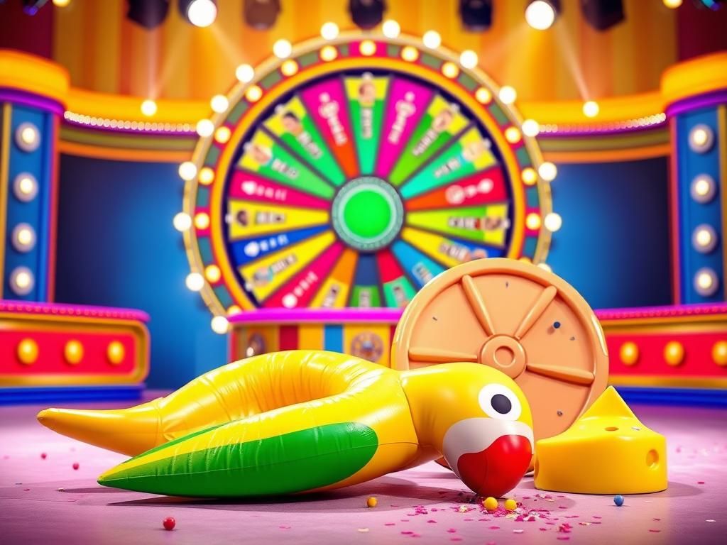 Flick International Colorful game show stage with a spinning wheel and inflatable parrot float, depicting comedic moment from 'Wheel of Fortune'.