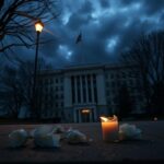 Flick International Foreboding exterior of the Israeli embassy in Washington, D.C. at dusk