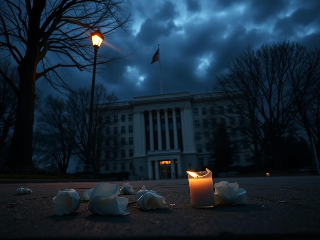 Flick International Foreboding exterior of the Israeli embassy in Washington, D.C. at dusk