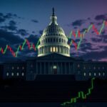 Flick International A conceptual illustration depicting the U.S. Capitol building with a stock market chart integrated into the twilight sky, symbolizing the intersection of politics and finance.