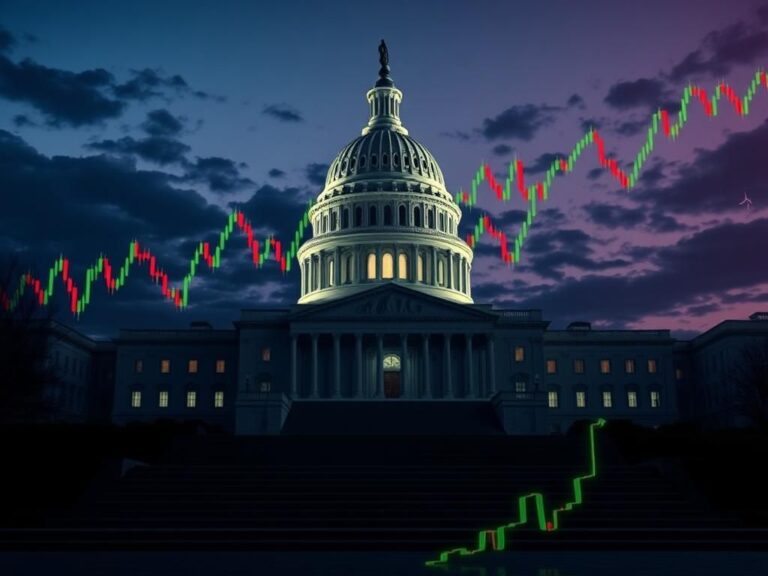 Flick International A conceptual illustration depicting the U.S. Capitol building with a stock market chart integrated into the twilight sky, symbolizing the intersection of politics and finance.
