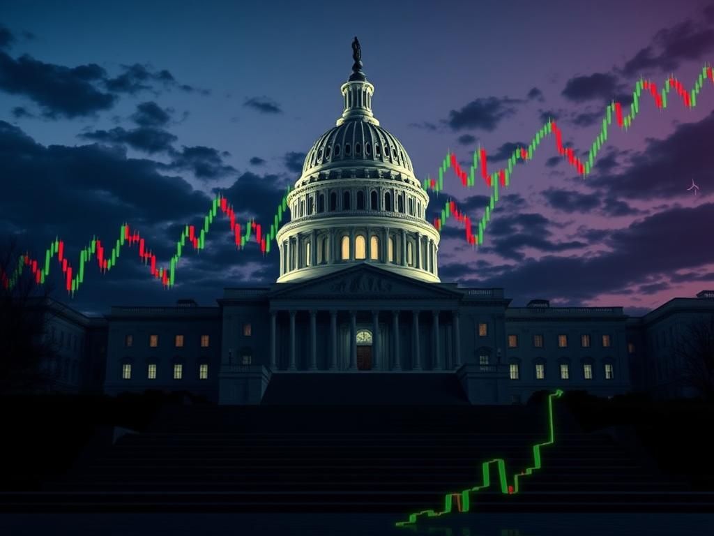 Flick International A conceptual illustration depicting the U.S. Capitol building with a stock market chart integrated into the twilight sky, symbolizing the intersection of politics and finance.