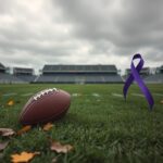 Flick International A somber football field with an unoccupied ball and autumn leaves, symbolizing uncertainty in Aaron Rodgers' career