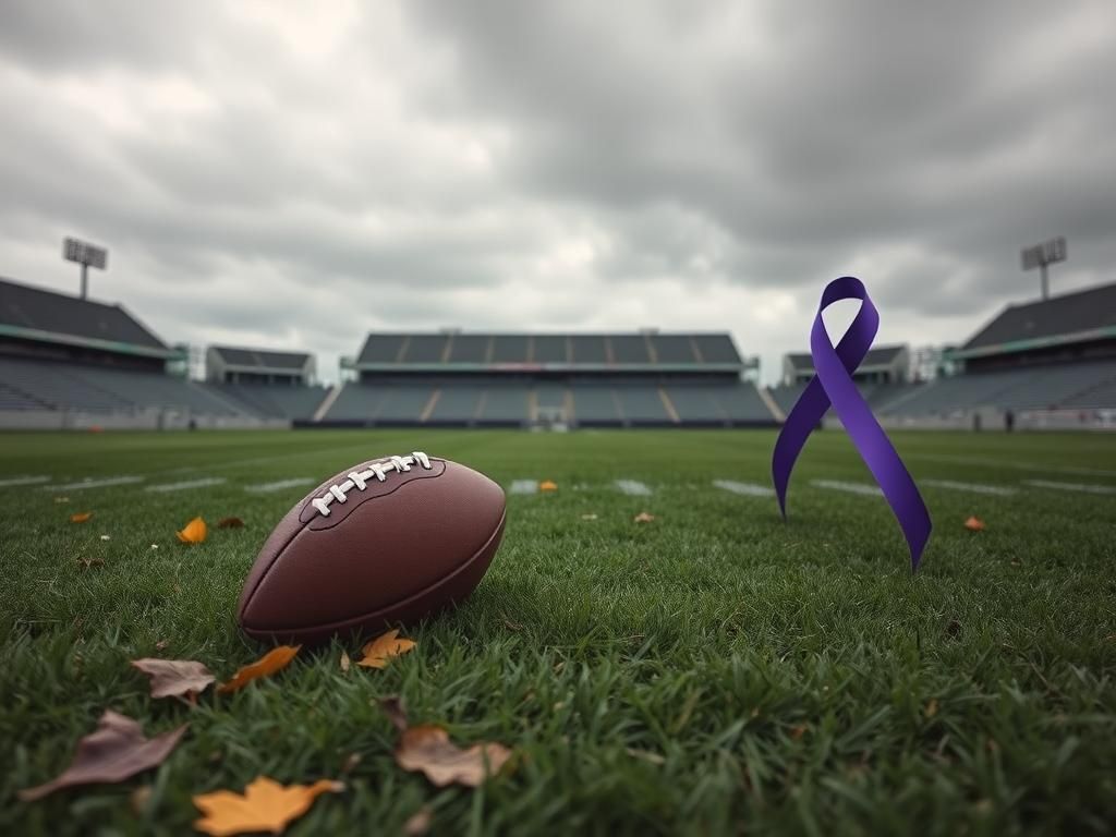 Flick International A somber football field with an unoccupied ball and autumn leaves, symbolizing uncertainty in Aaron Rodgers' career