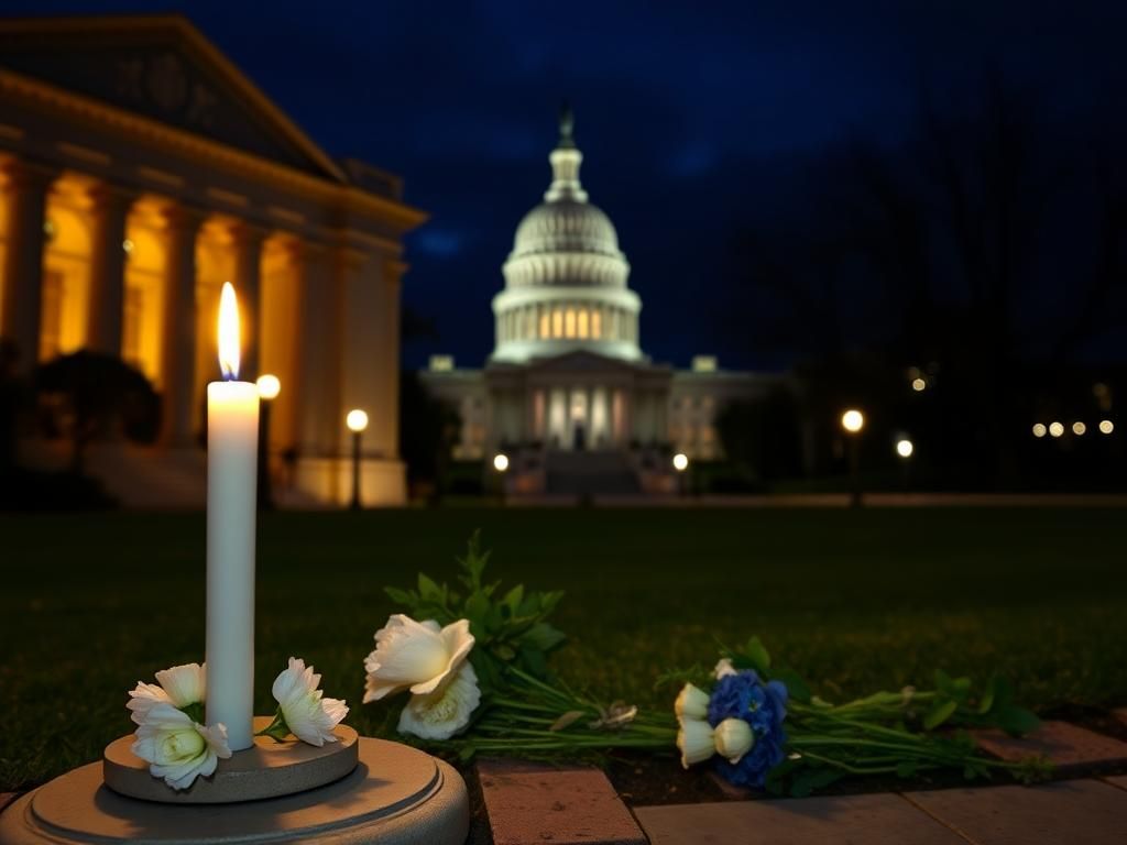 Flick International Somber exterior of the Capital Jewish Museum with a white candle and floral tributes