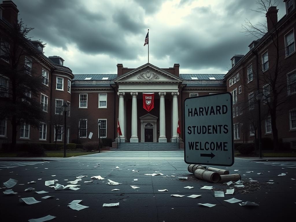 Flick International A somber scene of Harvard's empty courtyards with protesting banners in the wind