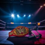 Flick International Wrestling ring at night featuring championship belt and medical supplies