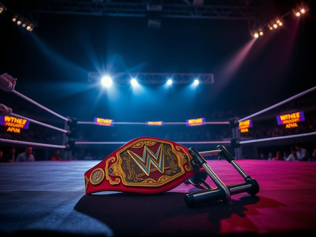Flick International Wrestling ring at night featuring championship belt and medical supplies