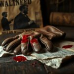 Flick International A pair of bloodstained leather gloves associated with Abraham Lincoln's assassination resting on dark wood.