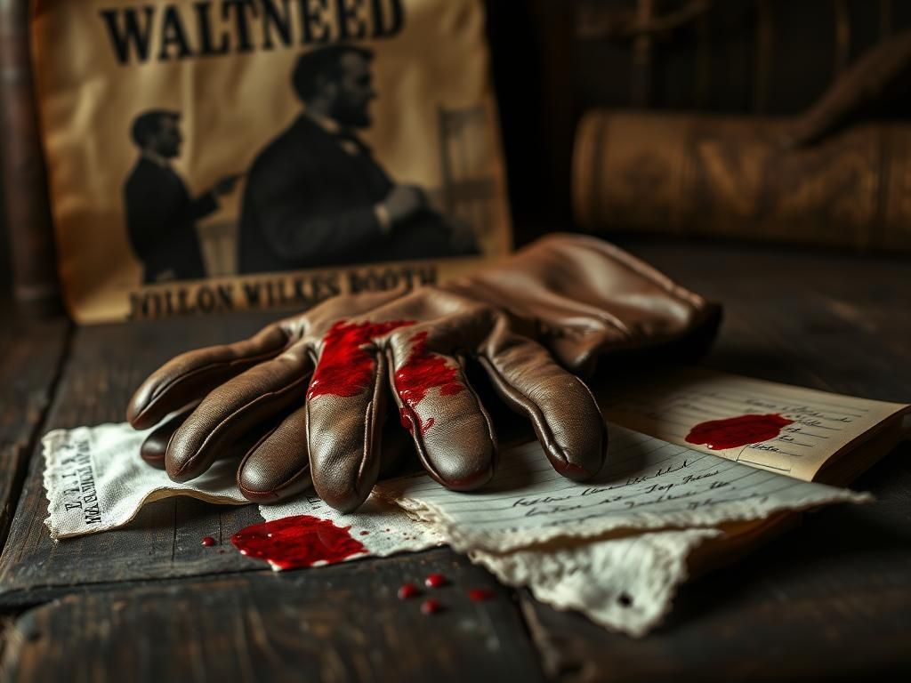Flick International A pair of bloodstained leather gloves associated with Abraham Lincoln's assassination resting on dark wood.