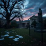 Flick International Somber university campus scene at dusk depicting uncertainty for international students