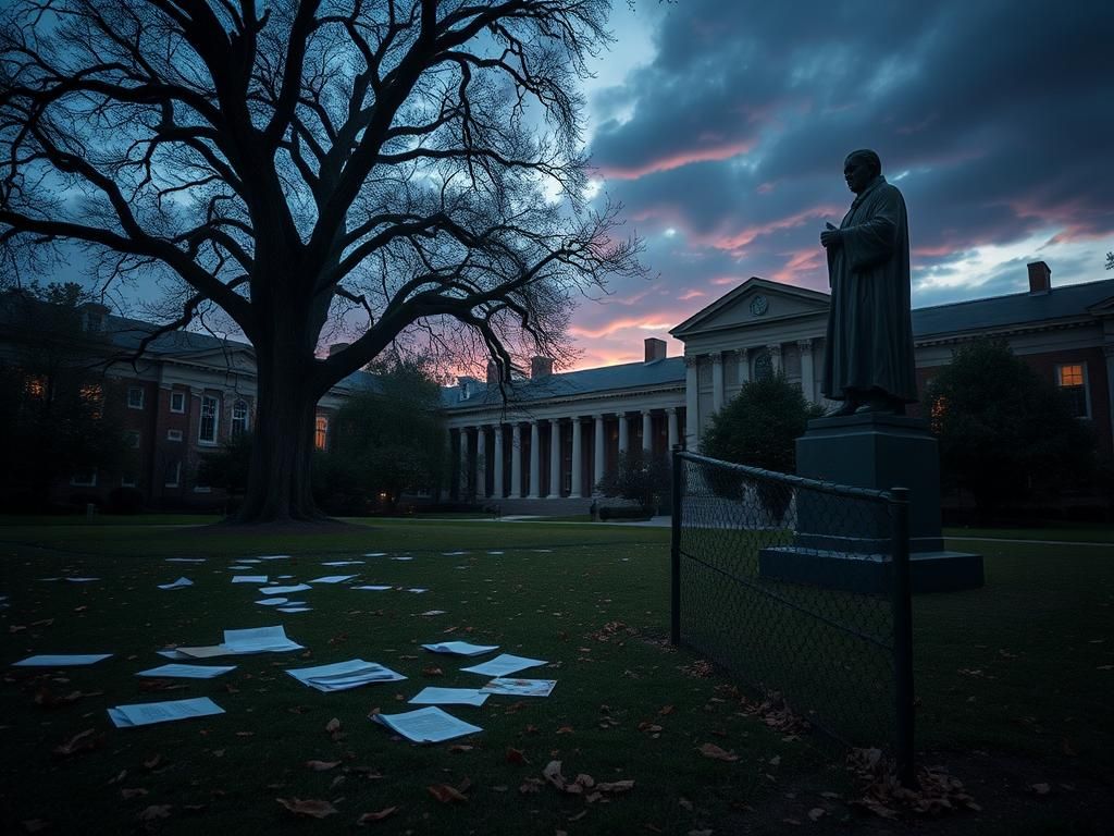 Flick International Somber university campus scene at dusk depicting uncertainty for international students