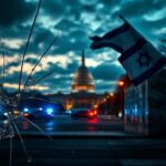 Flick International Somber urban scene in Washington D.C. at twilight with broken glass and police lights