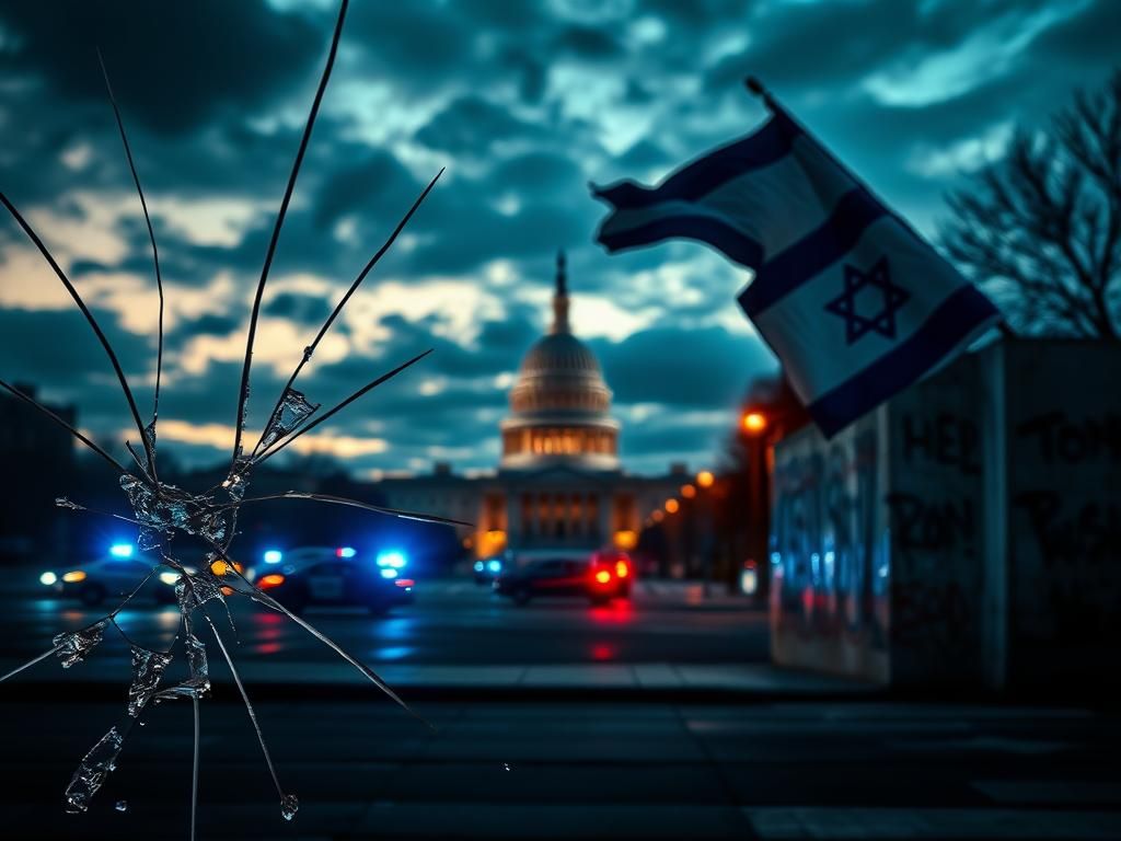 Flick International Somber urban scene in Washington D.C. at twilight with broken glass and police lights