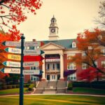Flick International Grand high school building surrounded by vibrant autumn foliage, highlighting academic excellence and diversity in admissions policy