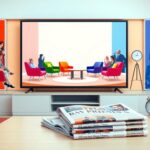 Flick International Large television screen depicting 'The View' set with colorful chairs in a calming pastel atmosphere