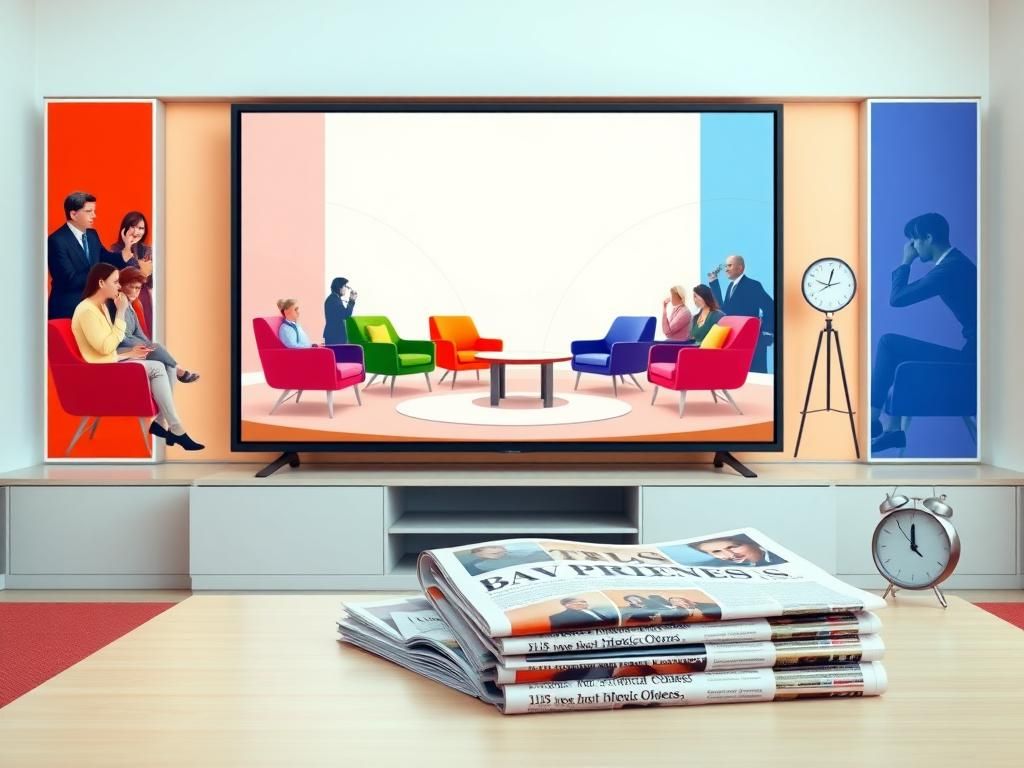 Flick International Large television screen depicting 'The View' set with colorful chairs in a calming pastel atmosphere
