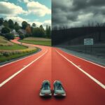 Flick International A running track divided by contrasting landscapes representing inclusivity and discrimination