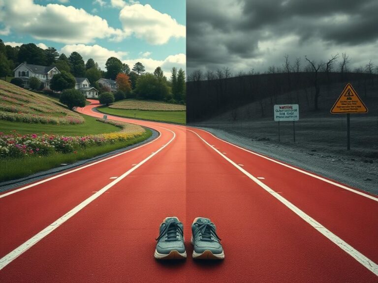 Flick International A running track divided by contrasting landscapes representing inclusivity and discrimination