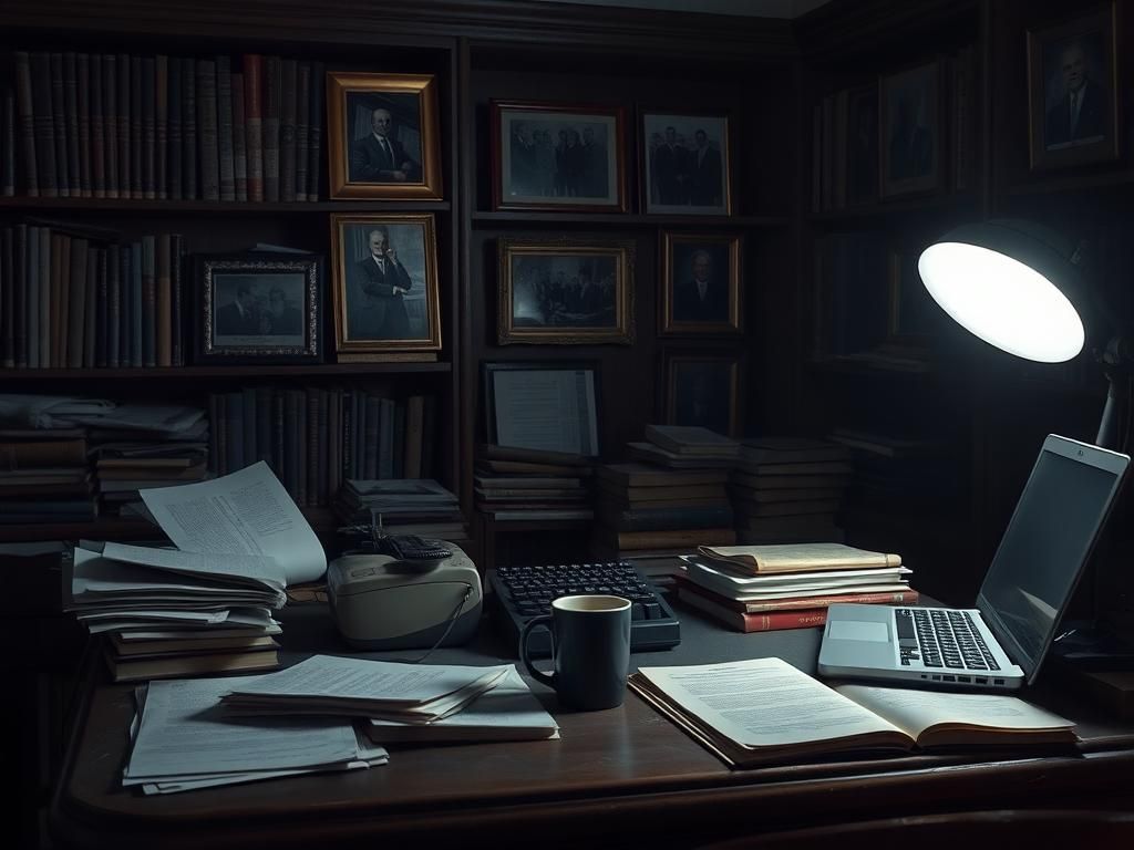 Flick International A somber library setting with political history books and a vintage typewriter reflecting on Biden's legacy.