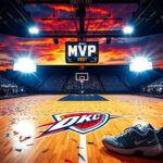 Flick International NBA basketball court illuminated with bright spotlights and decorated with Oklahoma City Thunder logo and confetti celebrating victory
