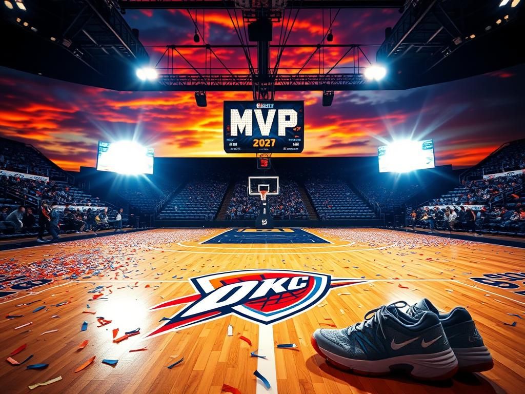 Flick International NBA basketball court illuminated with bright spotlights and decorated with Oklahoma City Thunder logo and confetti celebrating victory