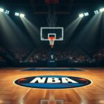 Flick International Dramatic basketball court scene symbolizing NBA rivalry with the center court logo and two contrasting hoops.