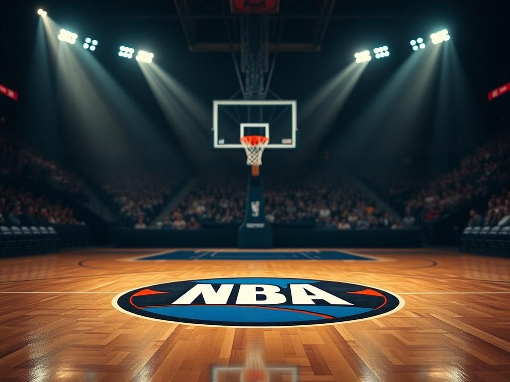 Flick International Dramatic basketball court scene symbolizing NBA rivalry with the center court logo and two contrasting hoops.