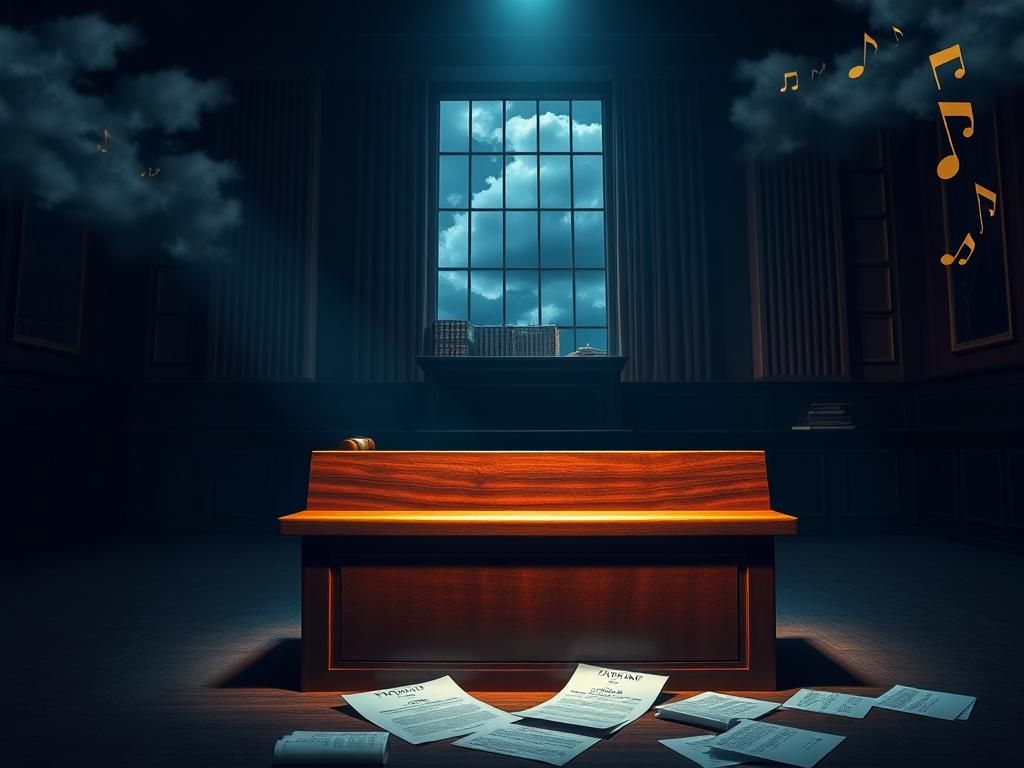 Flick International Dimly lit courtroom scene with a polished wooden witness stand and subpoena papers scattered on the floor