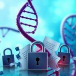 Flick International Abstract representation of DNA strands intertwined with digital data streams