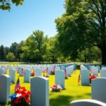 Flick International Serene national cemetery with white headstones and American flags on a sunny holiday