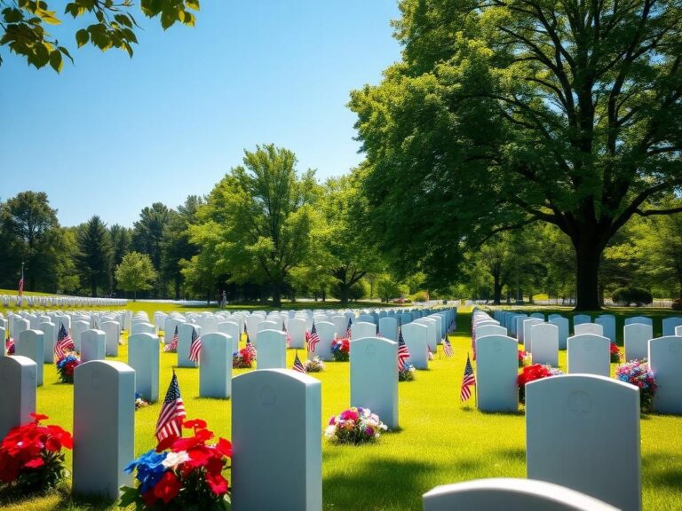 Flick International Serene national cemetery with white headstones and American flags on a sunny holiday