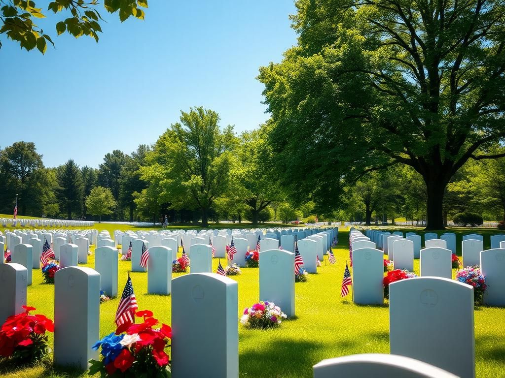 Flick International Serene national cemetery with white headstones and American flags on a sunny holiday