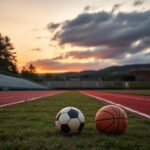 Flick International Serene sunset view of a Maine high school athletic field with empty bleachers and sports equipment