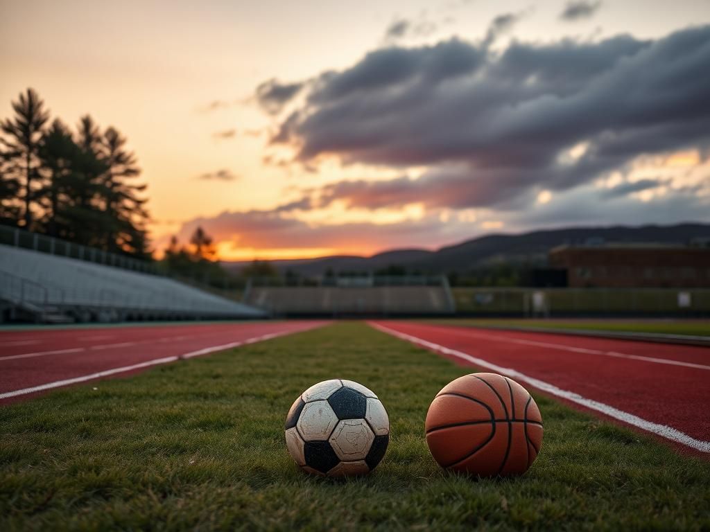 Flick International Serene sunset view of a Maine high school athletic field with empty bleachers and sports equipment
