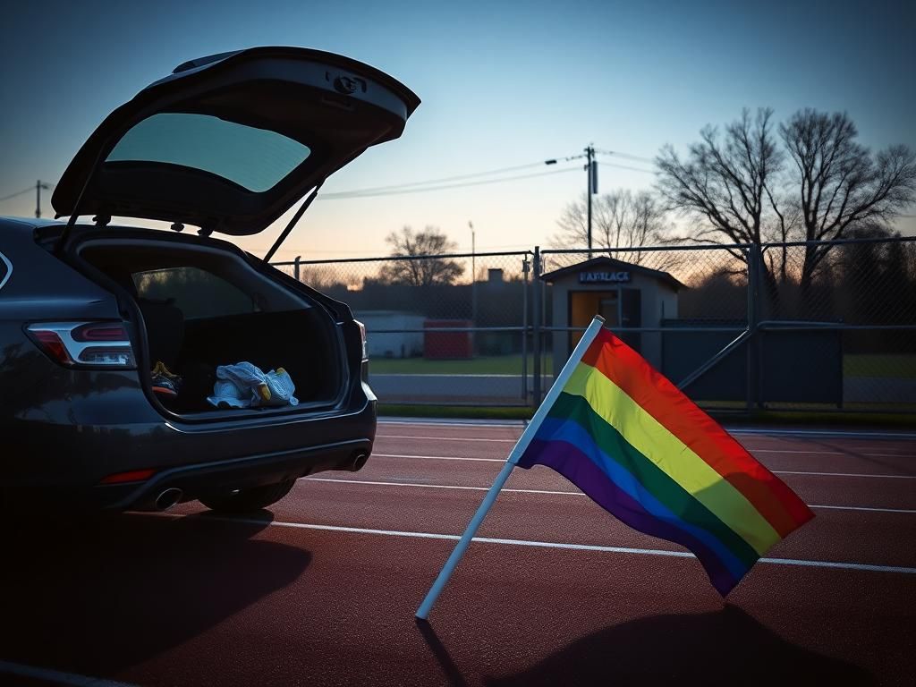 Flick International High school athlete changing clothes in her car with locker room in the background
