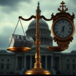 Flick International A dramatic image of a golden scale balancing U.S. dollar bills and a ticking clock against a blurred Capitol backdrop