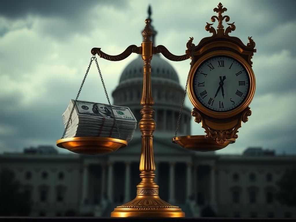 Flick International A dramatic image of a golden scale balancing U.S. dollar bills and a ticking clock against a blurred Capitol backdrop