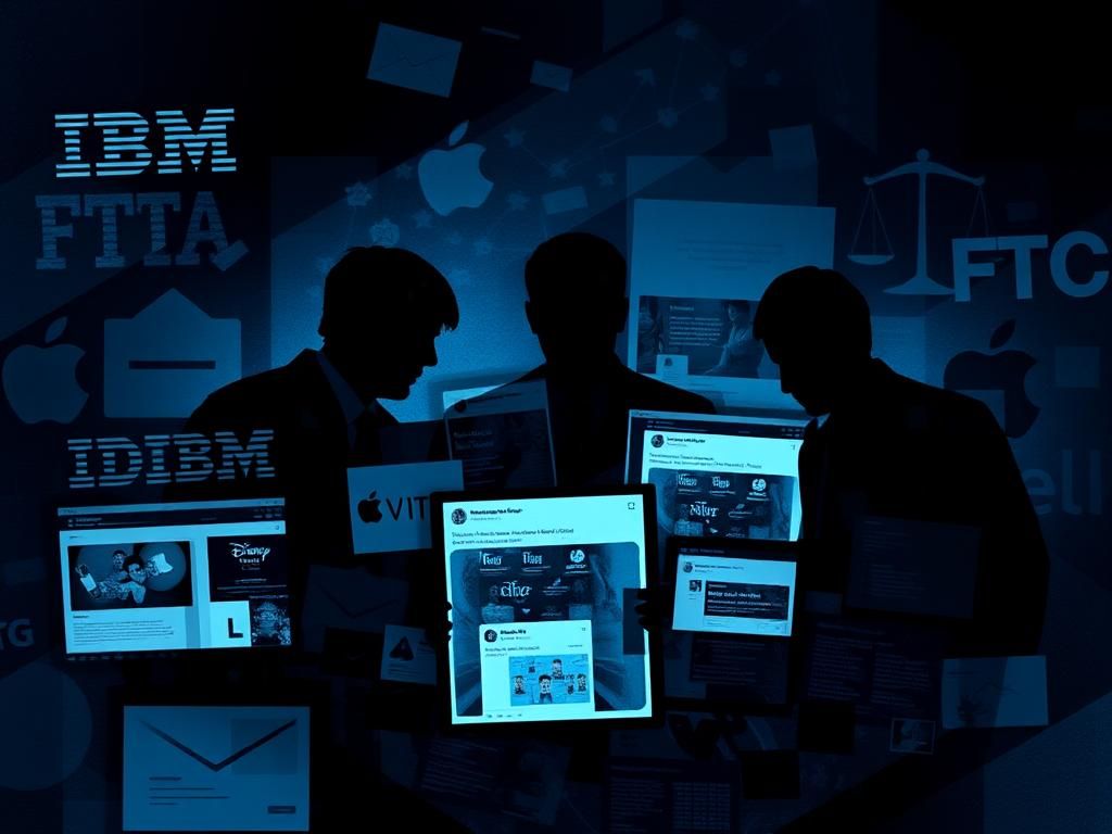 Flick International A tense representation of the online social media landscape with distorted advertisements and corporate shadows