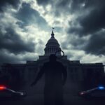 Flick International Dramatic view of Los Angeles City Hall under turbulent skies with police cars indicating a bomb threat situation