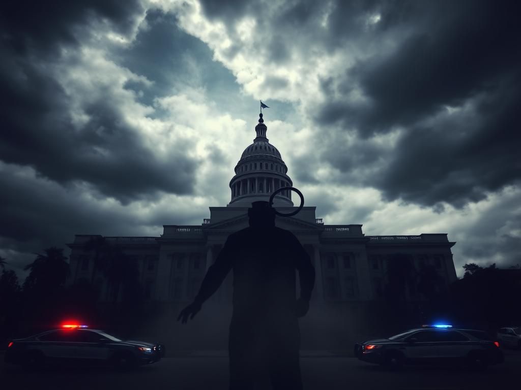 Flick International Dramatic view of Los Angeles City Hall under turbulent skies with police cars indicating a bomb threat situation