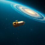 Flick International Voyager 1 spacecraft drifting in interstellar space with distant stars and cosmic dust