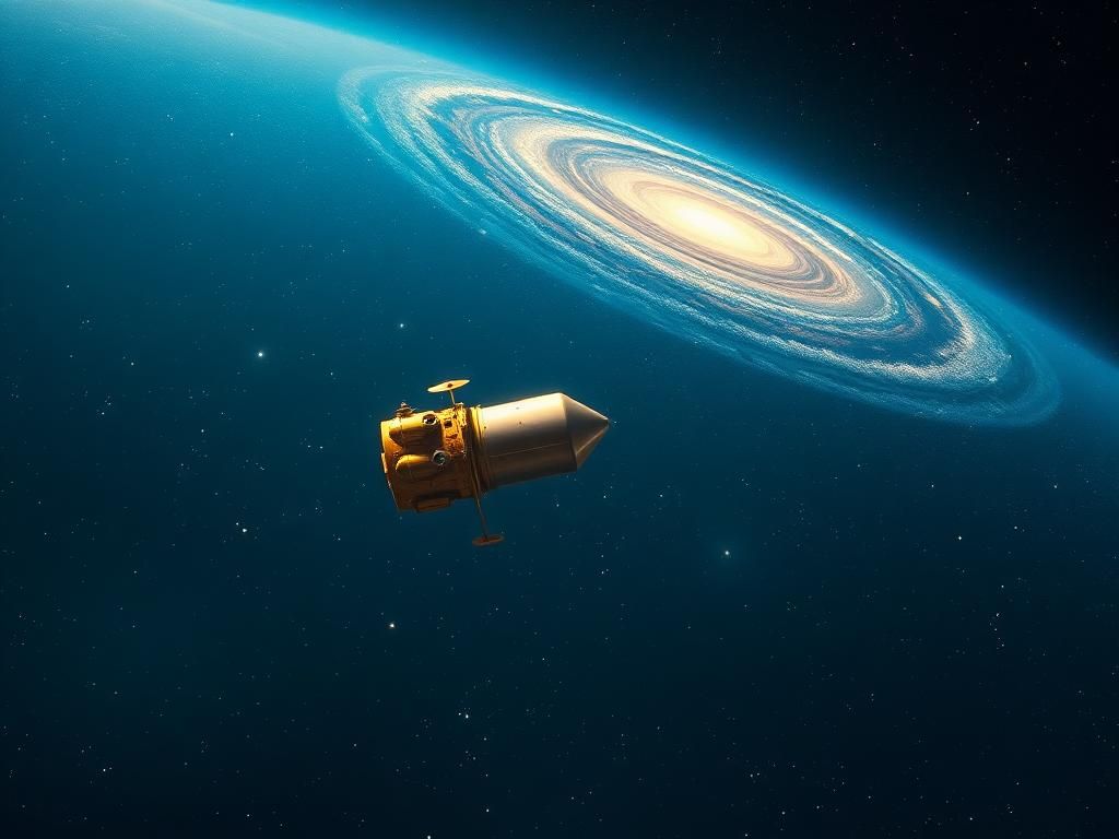 Flick International Voyager 1 spacecraft drifting in interstellar space with distant stars and cosmic dust