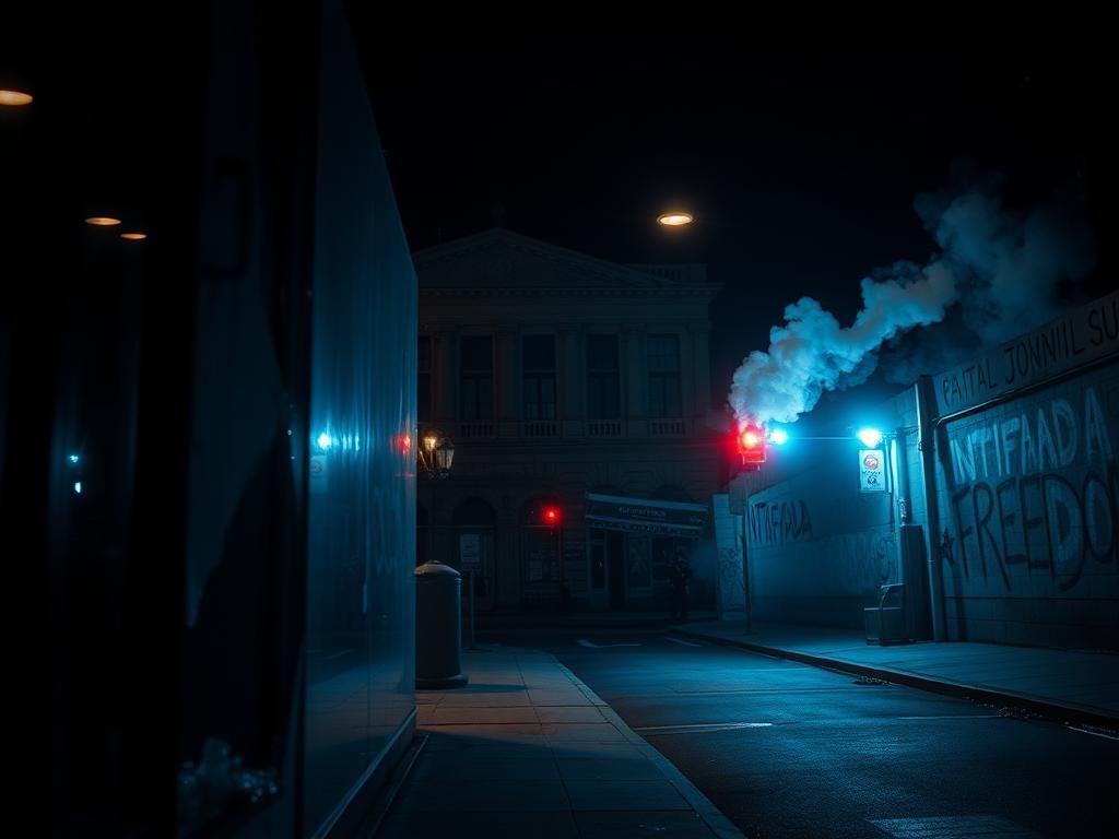 Flick International A chaotic urban street scene at night with shattered glass and police lights