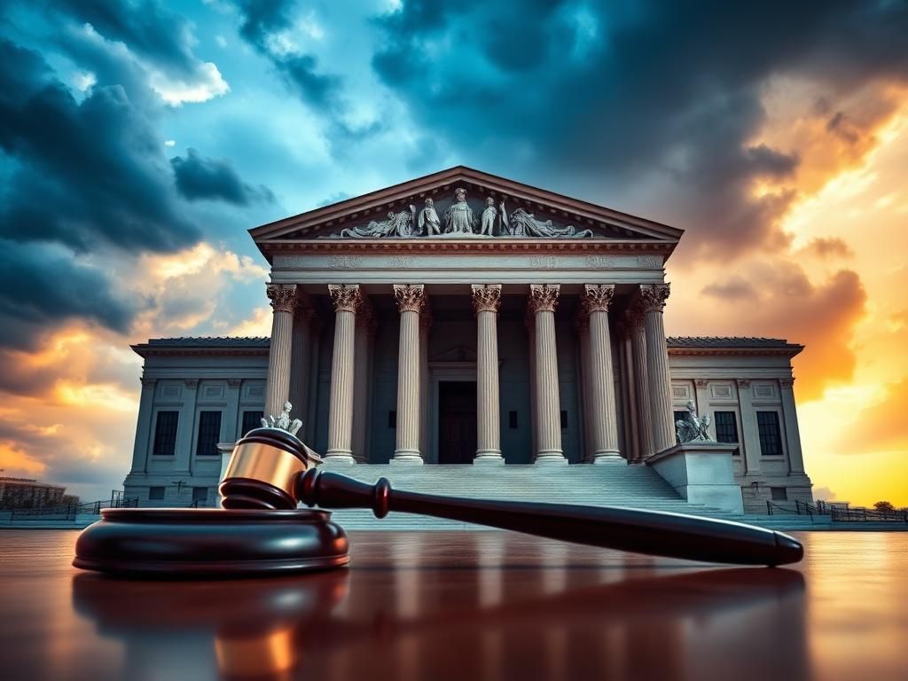 Flick International Grand courthouse with classical architecture under a dramatic sky, symbolizing justice